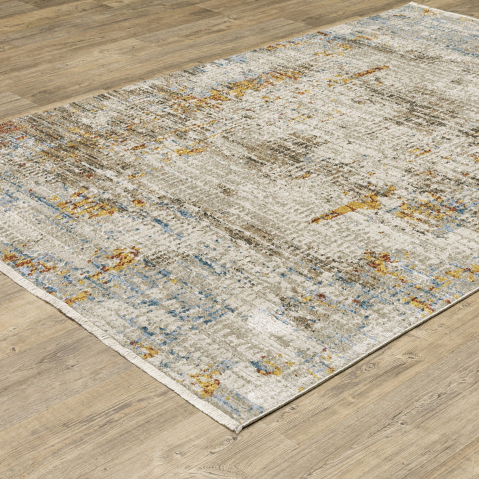 10' X 13' Beige Grey Brown Gold Red And Blue Abstract Power Loom Stain Resistant Area Rug With Fringe