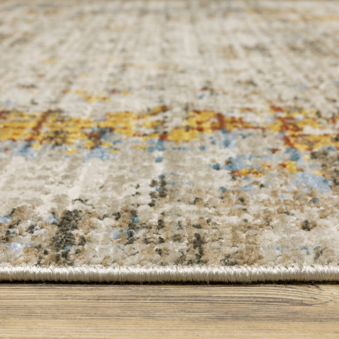 10' X 13' Beige Grey Brown Gold Red And Blue Abstract Power Loom Stain Resistant Area Rug With Fringe