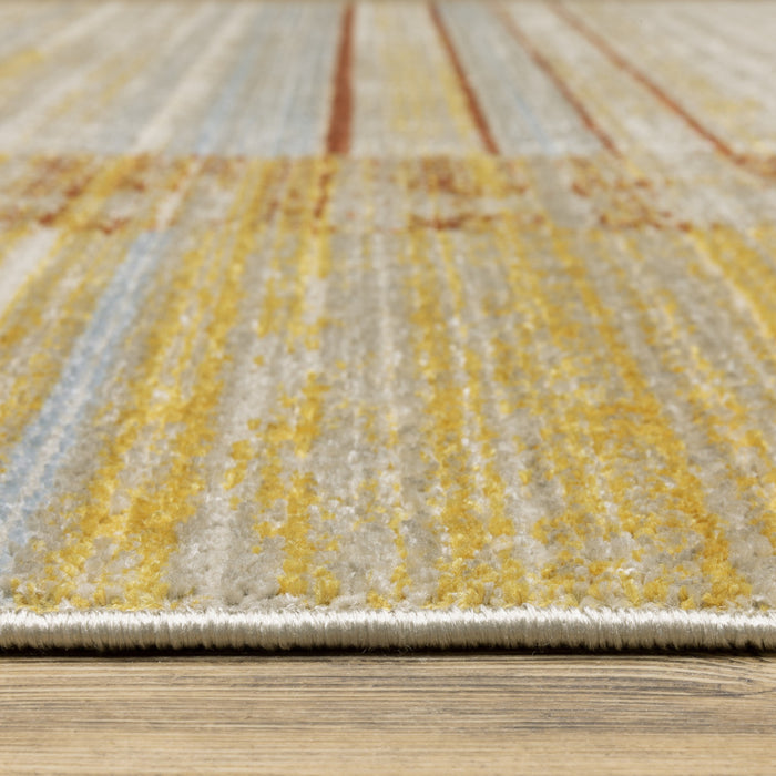 10' X 13' Rust Gold Blue Grey Ivory And Tan Geometric Power Loom Stain Resistant Area Rug With Fringe