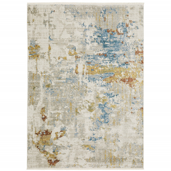 10' X 13' Blue and Beige Abstract Power Loom Area Rug With Fringe