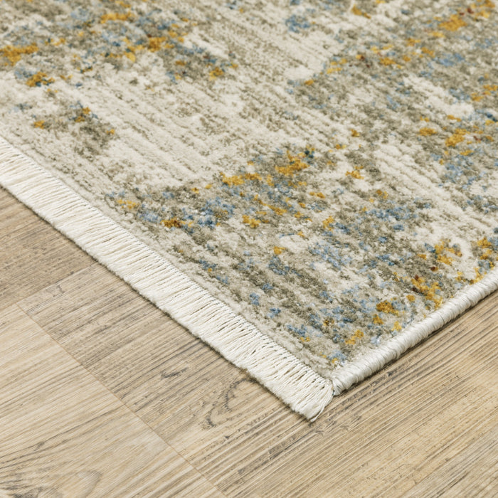 10' X 13' Blue and Beige Abstract Power Loom Area Rug With Fringe