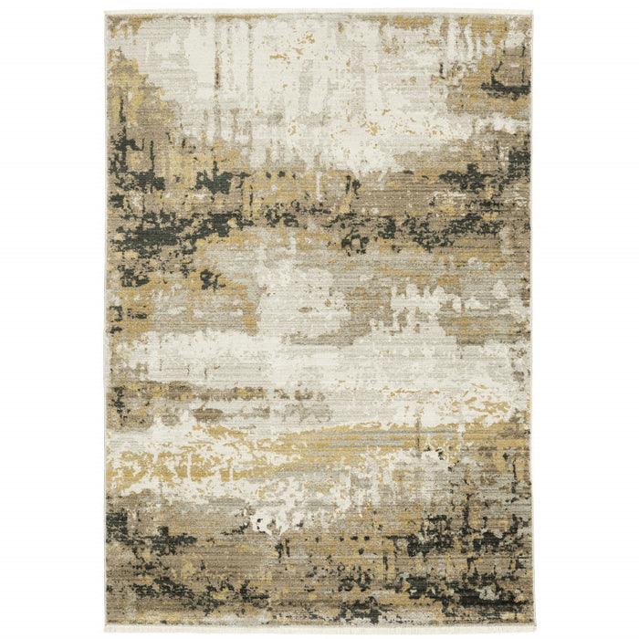 10' X 13' Grey Gold Black Charcoal And Beige Abstract Power Loom Stain Resistant Area Rug With Fringe