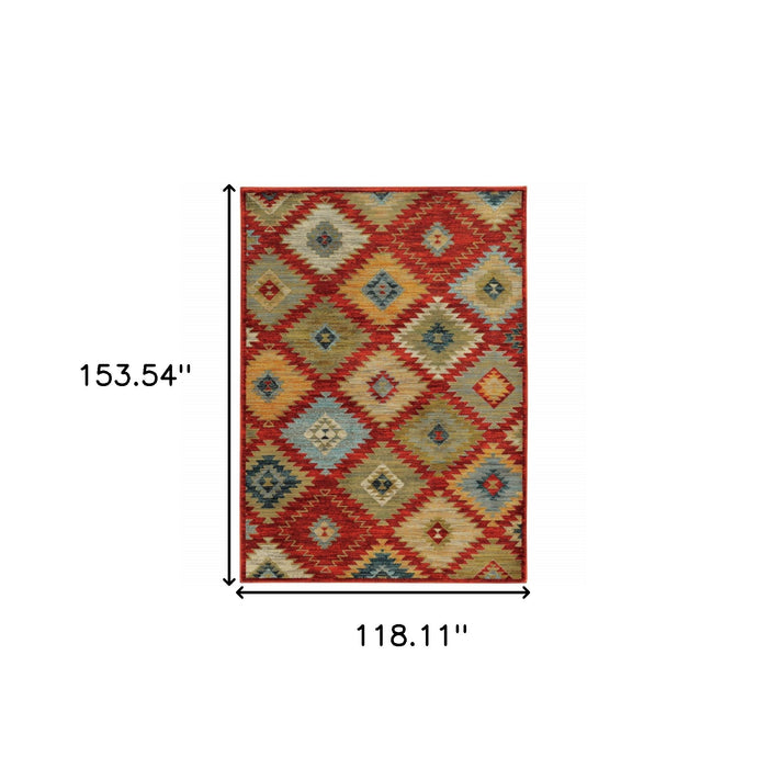 10' X 13' Red Green Gold Blue Teal And Ivory Geometric Power Loom Stain Resistant Area Rug