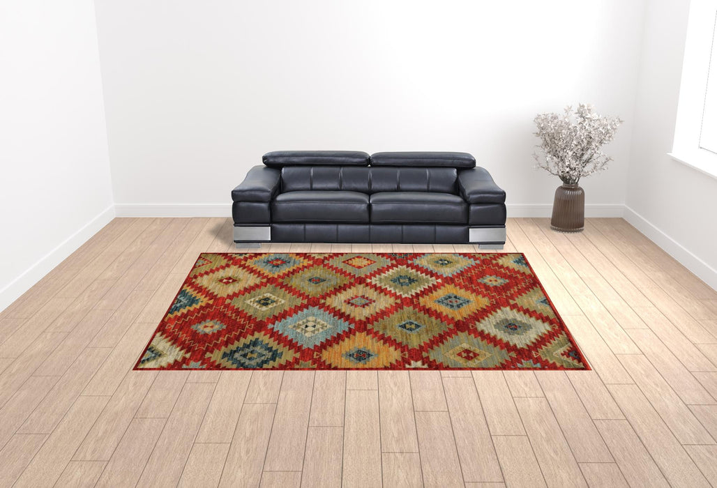 10' X 13' Red Green Gold Blue Teal And Ivory Geometric Power Loom Stain Resistant Area Rug