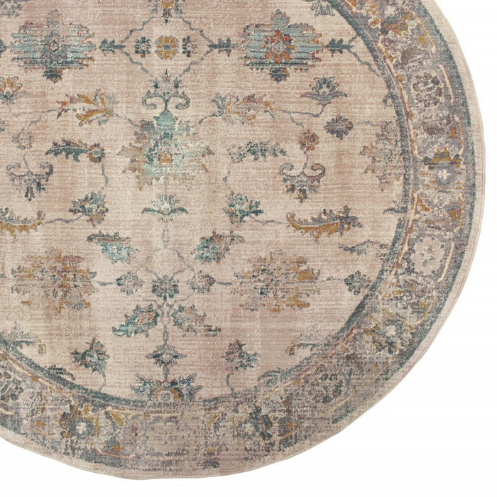 8' Ivory Blue Gold And Grey Round Oriental Power Loom Stain Resistant Area Rug