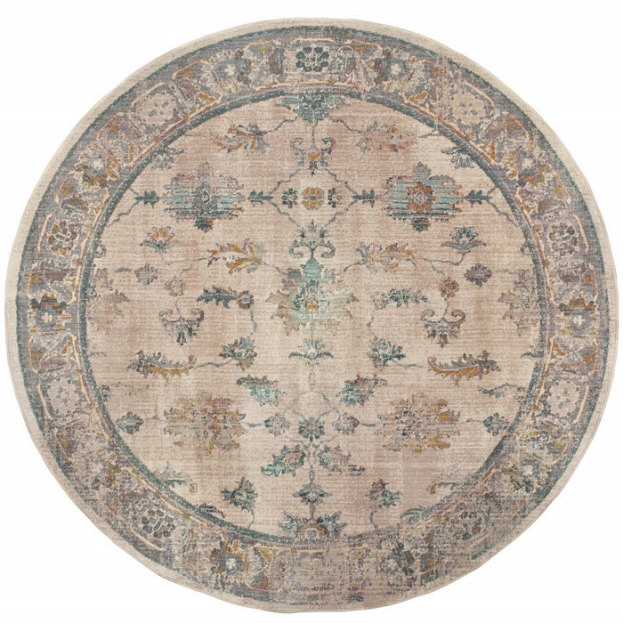 8' Ivory Blue Gold And Grey Round Oriental Power Loom Stain Resistant Area Rug