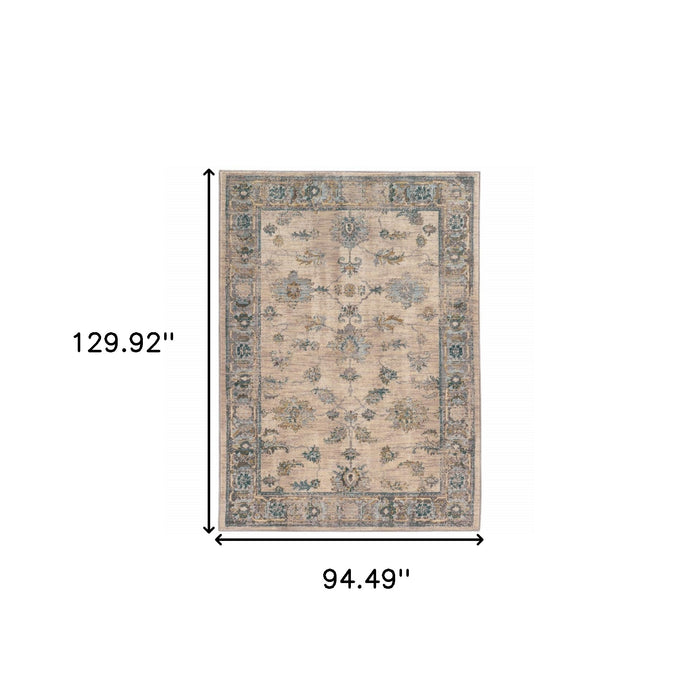 8' X 11' Ivory and Blue Oriental Power Loom Area Rug