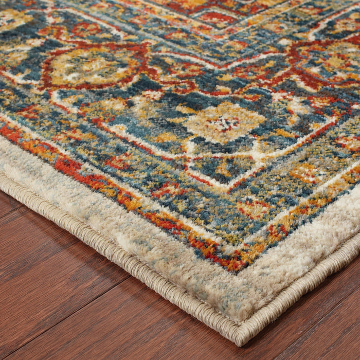 5' X 8' Red Gold Orange Green Ivory Rust And Blue Oriental Power Loom Stain Resistant Area Rug