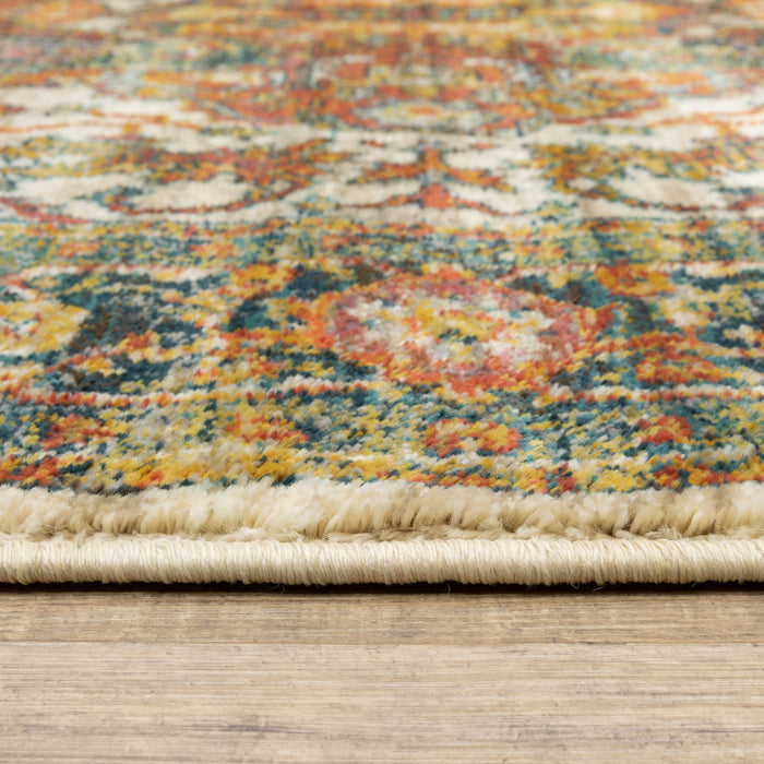 5' X 8' Red Gold Orange Green Ivory Rust And Blue Oriental Power Loom Stain Resistant Area Rug