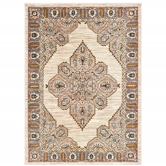 7' X 10' Gold and Ivory Oriental Power Loom Area Rug