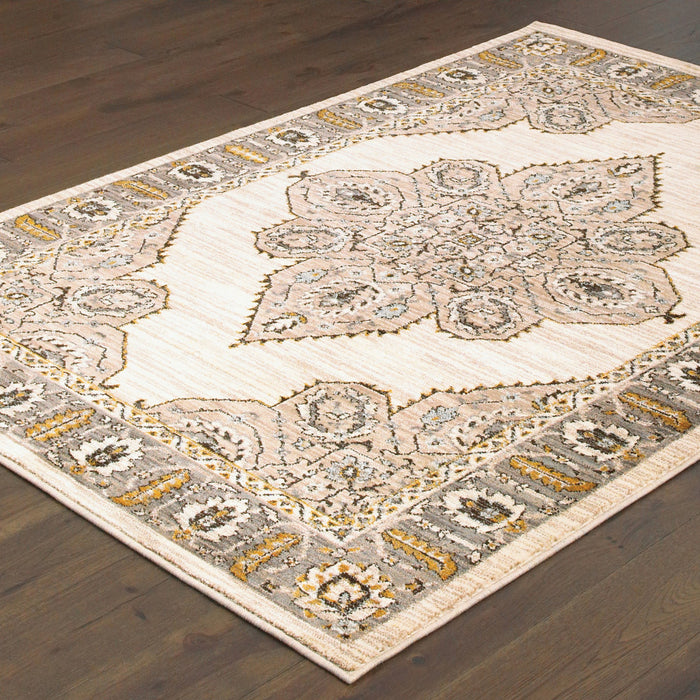 7' X 10' Gold and Ivory Oriental Power Loom Area Rug