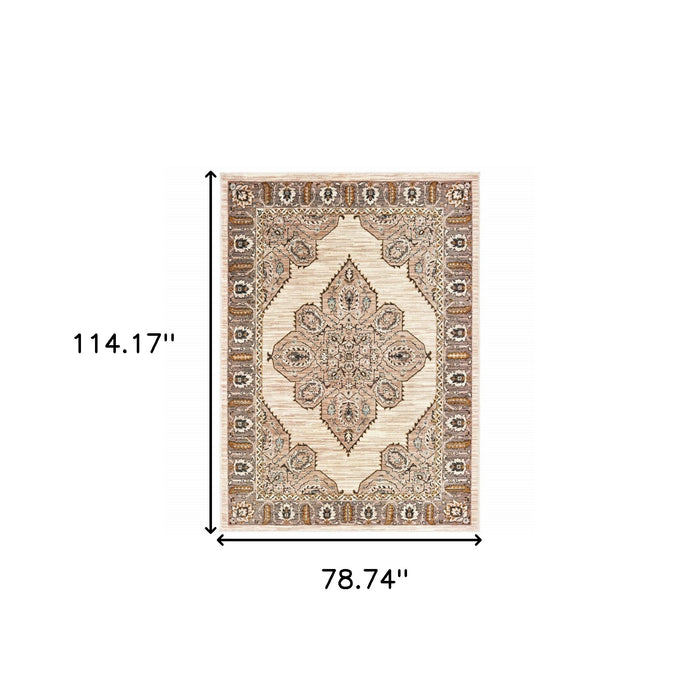 7' X 10' Gold and Ivory Oriental Power Loom Area Rug