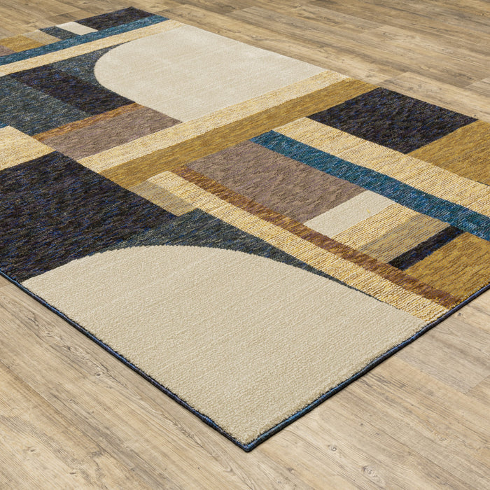 9' X 12' Gold Blue Beige Purple and Teal Geometric Power Loom Area Rug