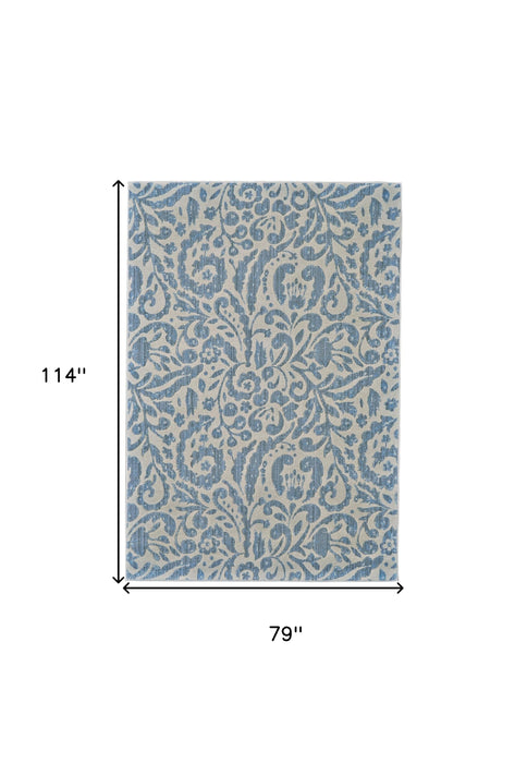 7' X 10' Blue and Ivory Floral Distressed Non Skid Area Rug