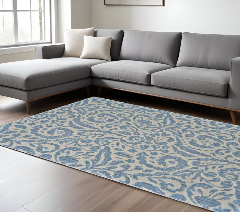 7' X 10' Blue and Ivory Floral Distressed Non Skid Area Rug