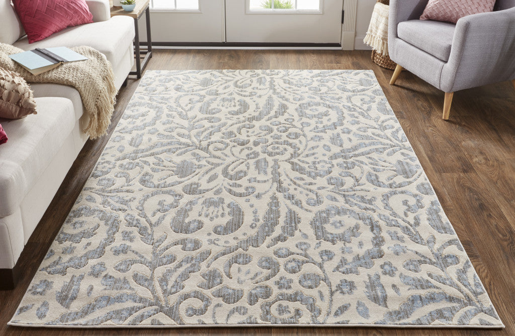 7' X 10' Blue and Ivory Floral Distressed Non Skid Area Rug