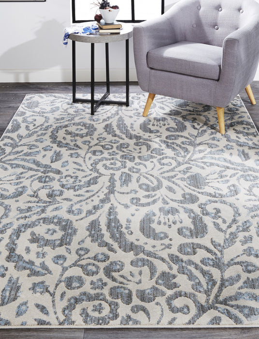 7' X 10' Blue and Ivory Floral Distressed Non Skid Area Rug