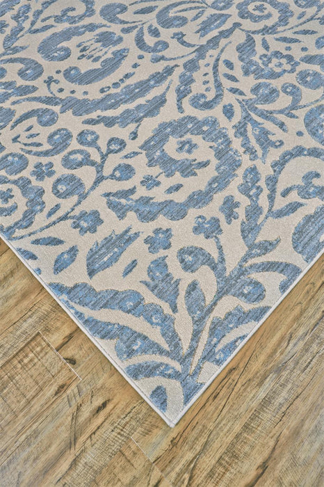 7' X 10' Blue and Ivory Floral Distressed Non Skid Area Rug