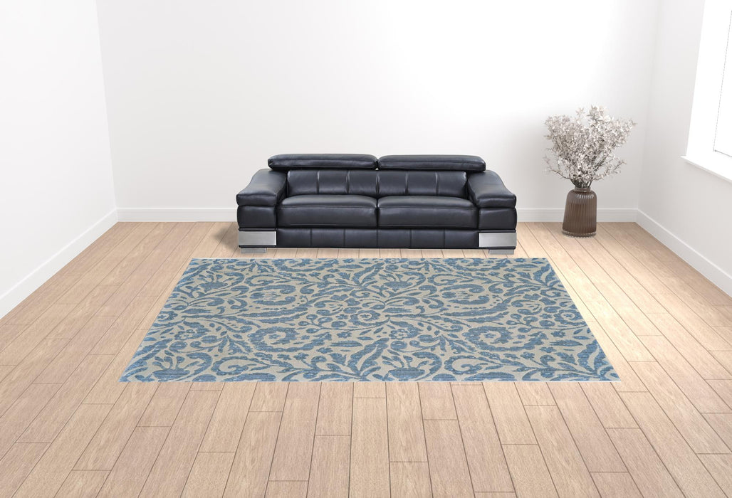 7' X 10' Blue and Ivory Floral Distressed Non Skid Area Rug