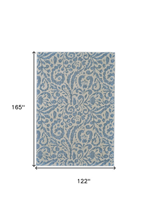 7' X 10' Blue and Ivory Floral Distressed Non Skid Area Rug