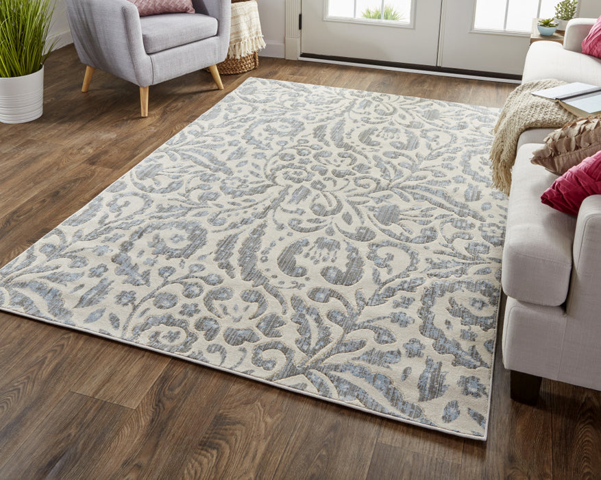 7' X 10' Blue and Ivory Floral Distressed Non Skid Area Rug