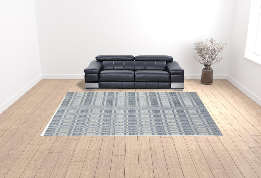 5' X 8' Blue Gray And Ivory Striped Hand Woven Area Rug