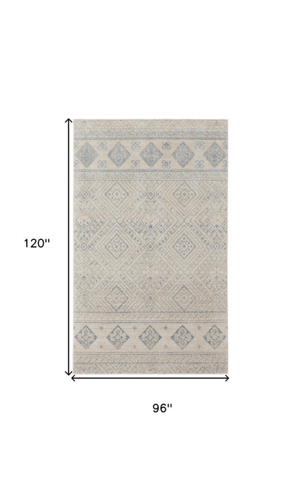 8' X 10' Ivory And Blue Geometric Power Loom Distressed Area Rug