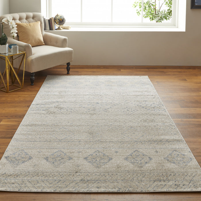 8' X 10' Ivory And Blue Geometric Power Loom Distressed Area Rug