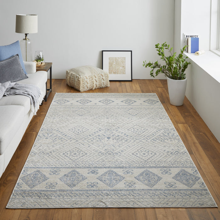 8' X 10' Ivory And Blue Geometric Power Loom Distressed Area Rug