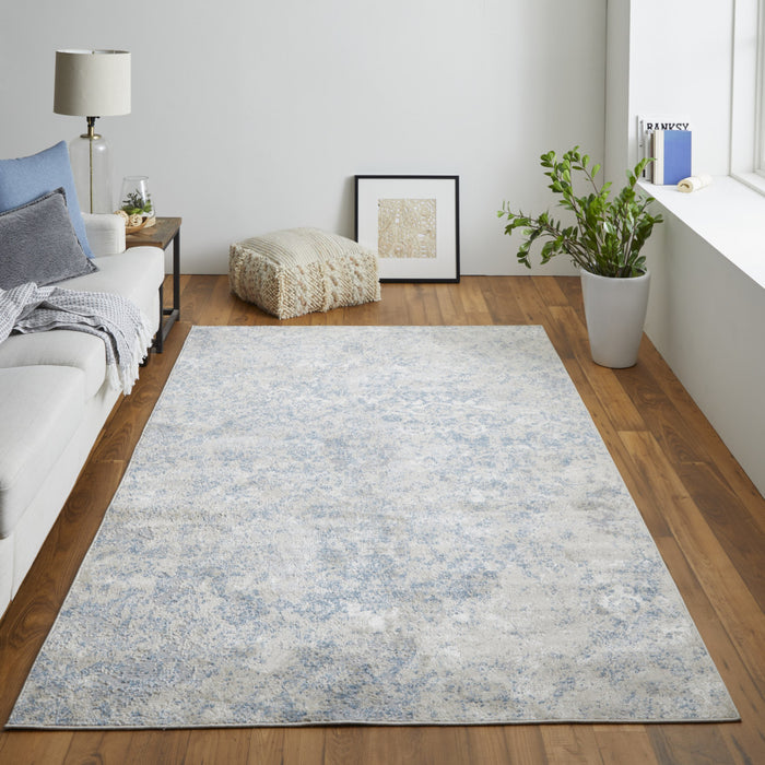 8' X 10' Blue And Ivory Abstract Power Loom Distressed Area Rug