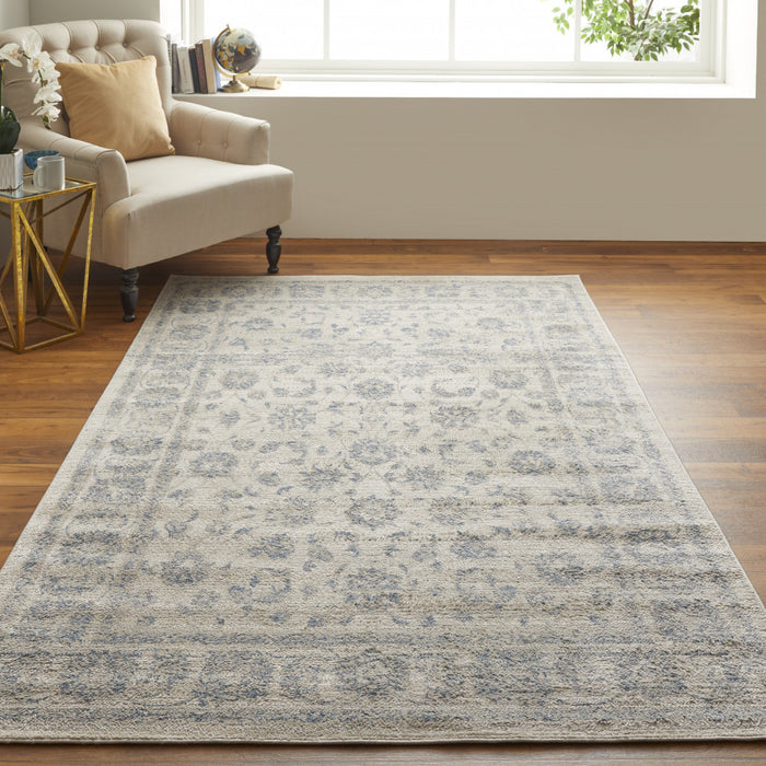 8' X 10' Ivory And Blue Abstract Power Loom Distressed Area Rug