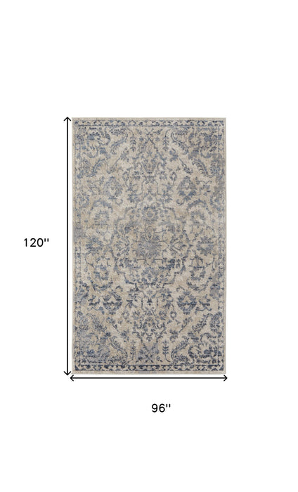 8' X 10' Blue Gray And Ivory Floral Power Loom Distressed Area Rug