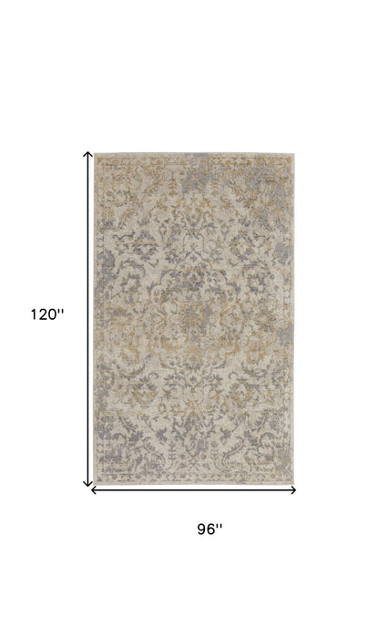 8' X 10' Blue Gray And Ivory Floral Power Loom Distressed Area Rug