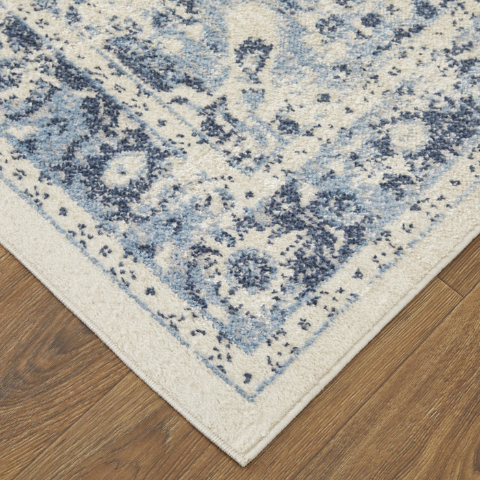 8' X 10' Ivory And Blue Floral Power Loom Distressed Area Rug