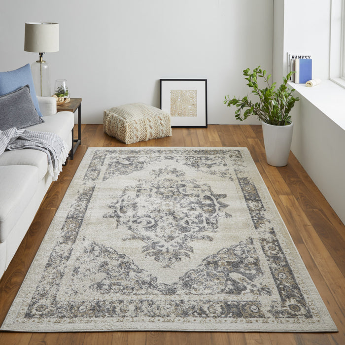 8' X 10' Ivory And Blue Floral Power Loom Distressed Area Rug