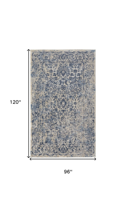 8' X 10' Blue And Ivory Floral Power Loom Distressed Area Rug