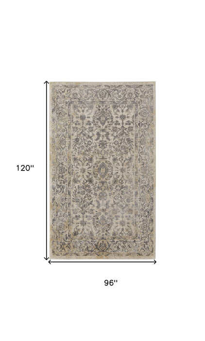 8' X 10' Blue And Ivory Floral Power Loom Distressed Area Rug