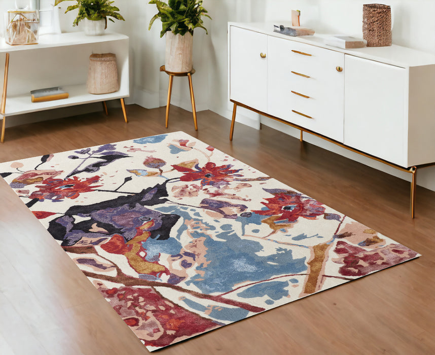 4' X 6' Blue and Red Floral Hand Tufted Area Rug