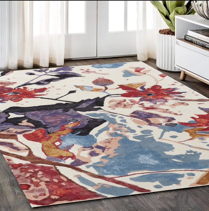 4' X 6' Blue and Red Floral Hand Tufted Area Rug