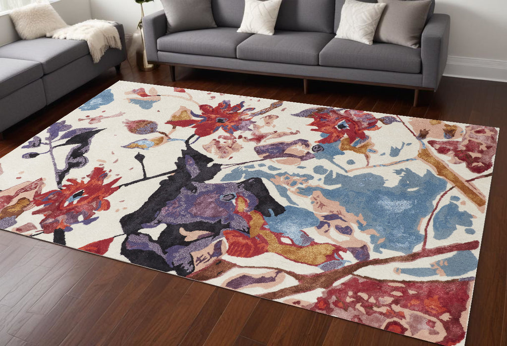 4' X 6' Blue and Red Floral Hand Tufted Area Rug