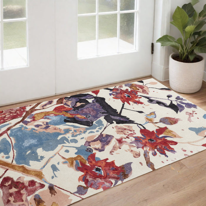 4' X 6' Blue and Red Floral Hand Tufted Area Rug