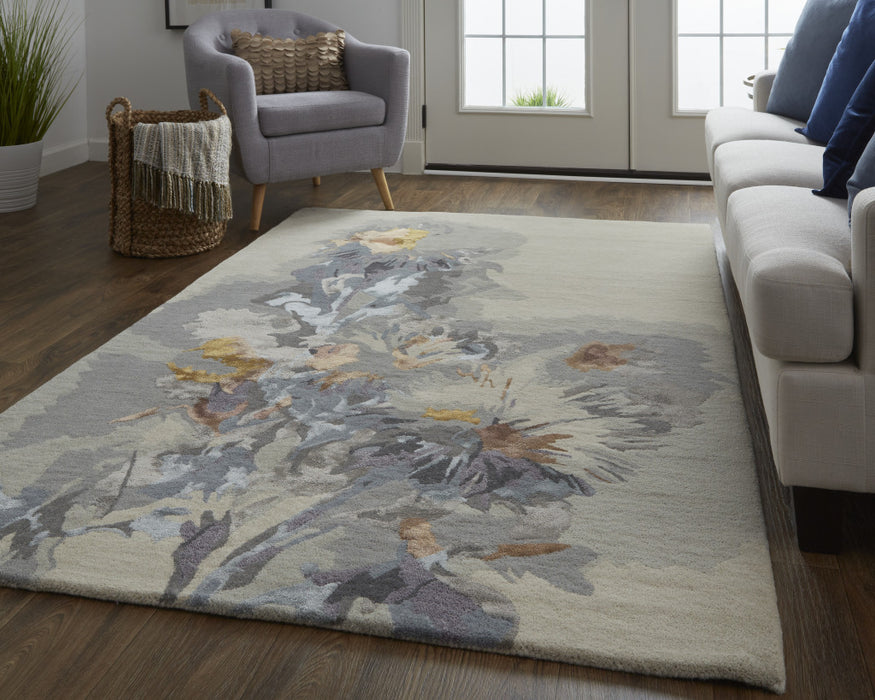 4' X 6' Blue and Gray Wool Floral Hand Tufted Area Rug