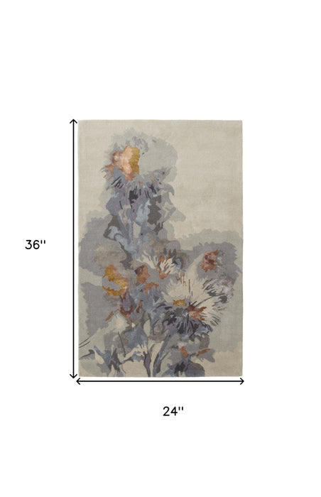 4' X 6' Blue and Gray Wool Floral Hand Tufted Area Rug