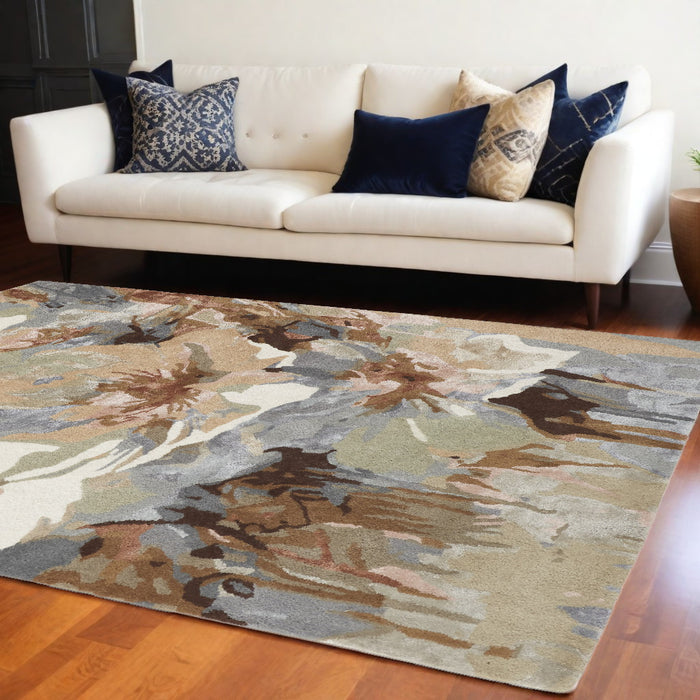 8' X 10' Tan and Gray Wool Floral Hand Tufted Area Rug