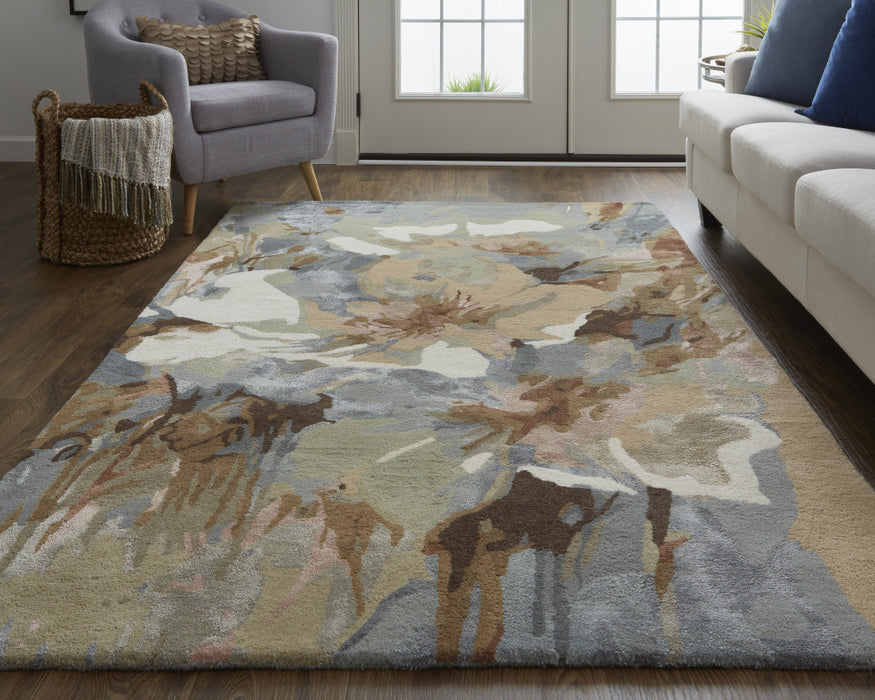 8' X 10' Tan and Gray Wool Floral Hand Tufted Area Rug