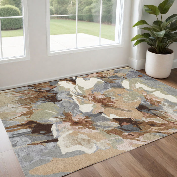 8' X 10' Tan and Gray Wool Floral Hand Tufted Area Rug