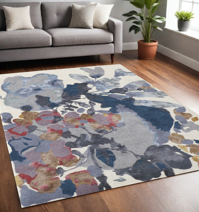 5' X 8' Blue Gray and Pink Wool Floral Hand Tufted Area Rug