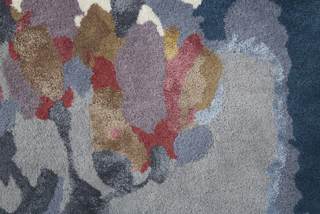 5' X 8' Blue Gray and Pink Wool Floral Hand Tufted Area Rug