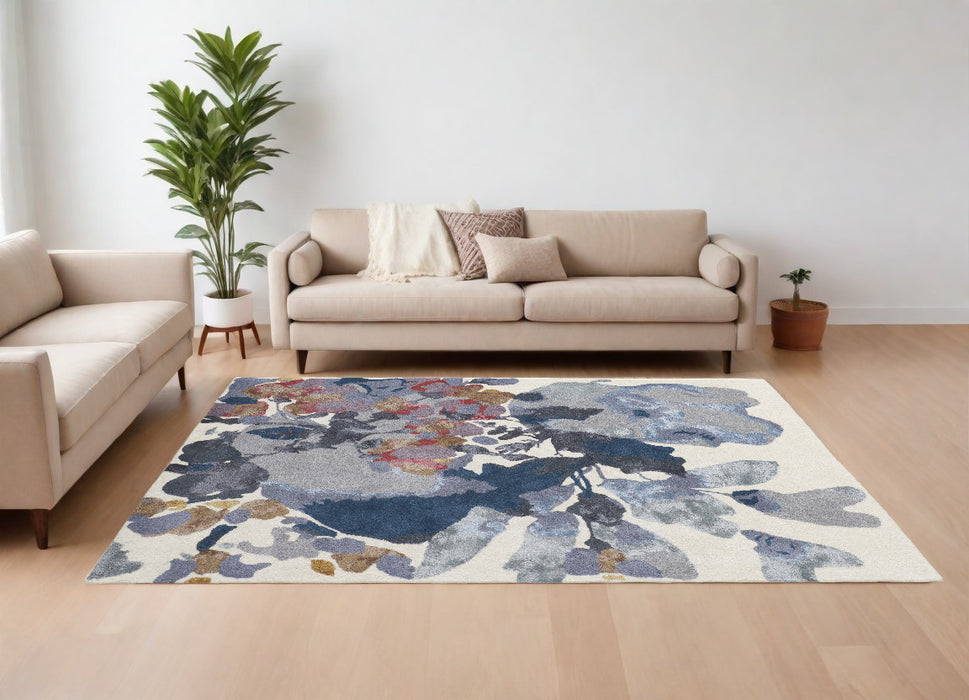 5' X 8' Blue Gray and Pink Wool Floral Hand Tufted Area Rug