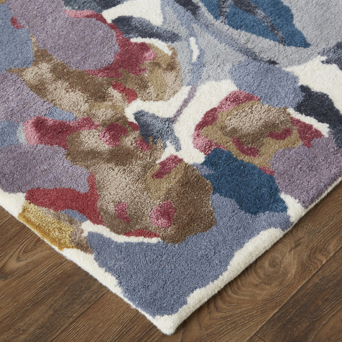 5' X 8' Blue Gray and Pink Wool Floral Hand Tufted Area Rug